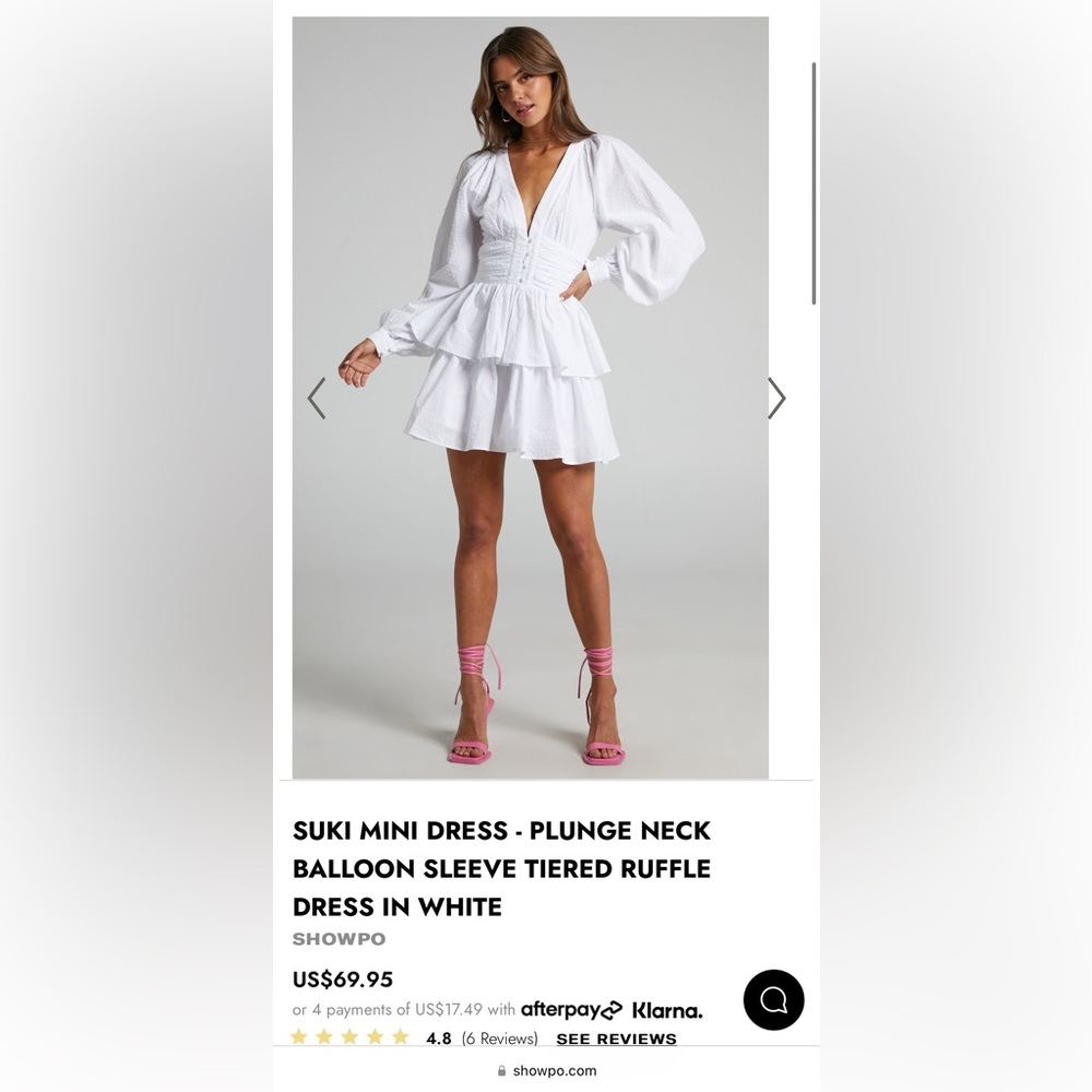 SUKI MINI DRESS PLUNGE NECK BALLOON SLEEVE TIERED RUFFLE DRESS IN WHITE US6